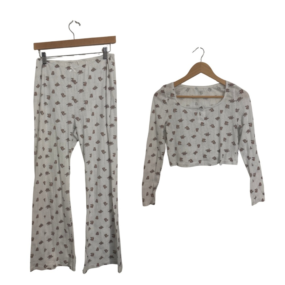Women's Flare Pants and Top Set in White and Brown